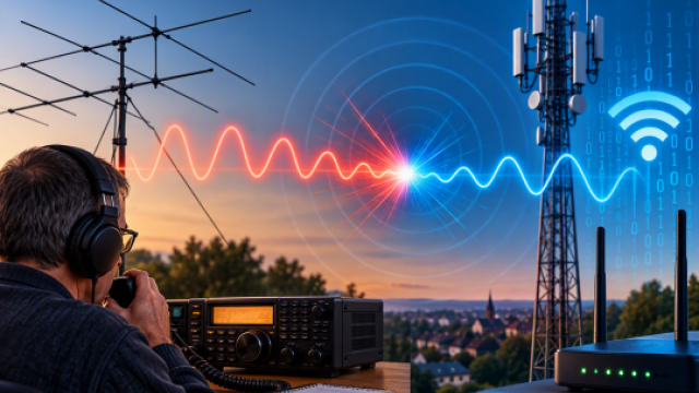 ai generated Graphic illustrating radio frequency interference from amateur radio or digital communication systems, showing overlapping wireless signals between transmitting equipment and communications infrastructure.